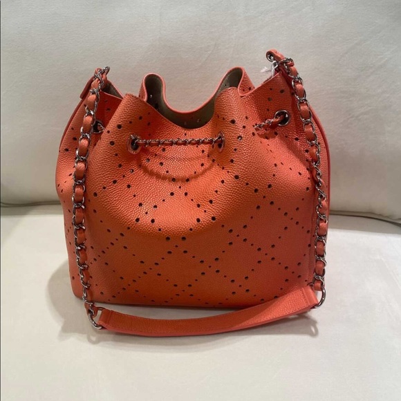 Chanel Caviar Drawstring Perforated Bucket Bag Coral Pink Orange Silver HW - Picture 6 of 16